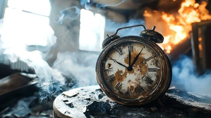 Forgotten Time A Rusty Alarm Clock Found in the Midst of a Room Damaged by Fire, Evoking Strong Emotions and Memories