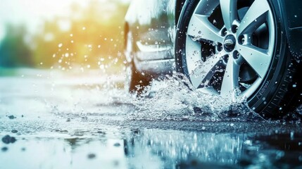 Stylish car wheels slicing through puddles on a wet road, casting sprays and reflections, embodying speed and agility in the rain