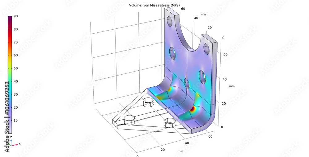 Poster metal bracket drawing. von mises stress plot. computer 3d modeling of steel mechanical part. technic
