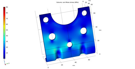Metal bracket drawing. Von mises stress plot. Computer 3d modeling of steel mechanical part.  Technic education cad design  environment of engineering calculation.  Physical properties of solids. © TKalinovskaya