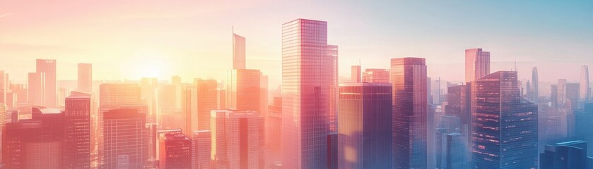 Obraz premium Glowing Metropolis: A Vibrant Urban Landscape at Sunrise