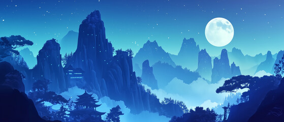 Obraz premium Paysage nocturne de Tianzi Shan en illustration vectorielle immersive