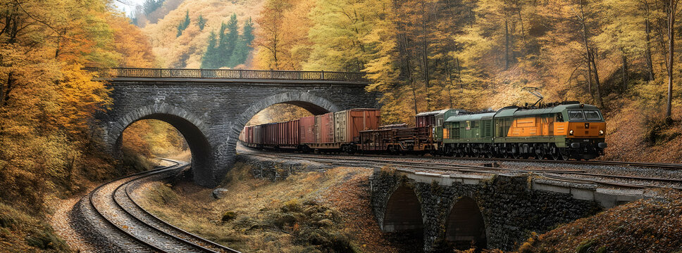 Cargo train passing under a bridge in an autumn setting, highlighting industrial strength amidst nature  -