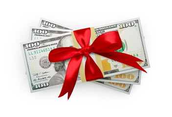 Thirty Thousand Dollars Stack of One Hundred Dollar Bills Wrapped in a Red Bow Isolated. Transparent PNG.