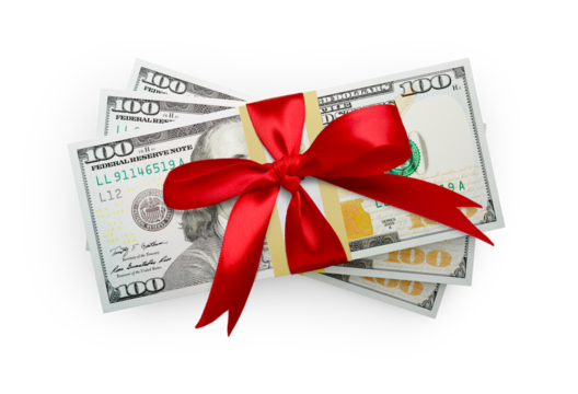 Thirty Thousand Dollars Stack of One Hundred Dollar Bills Wrapped in a Red Bow Isolated. Transparent PNG.