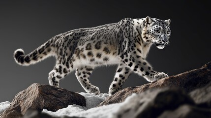 Majestic Snow Leopard Walking in Mountain Landscape