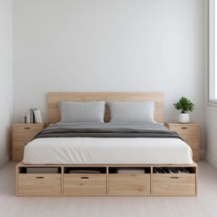 Minimalist bedroom with wooden bed frame and storage drawers.