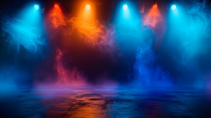 Blue and orange lights illuminate a smoky stage