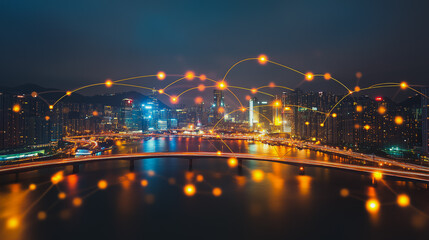 Obraz premium Smart digital city with connection cyber security network reciprocity over the cityscape . future smart wireless digital city and social media networking systems that connects people within the city