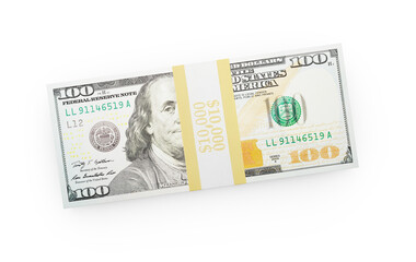 Ten Thousand Dollars Stack of One Hundred Dollar Bills Isolated. Transparent PNG.