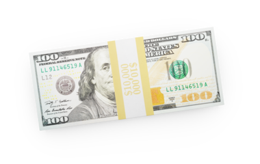 Ten Thousand Dollars Stack of One Hundred Dollar Bills Isolated. Transparent PNG.