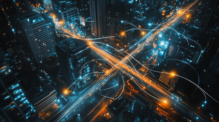 Smart digital city with connection cyber security network reciprocity over the cityscape . future smart wireless digital city and social media networking systems that connects people within the city