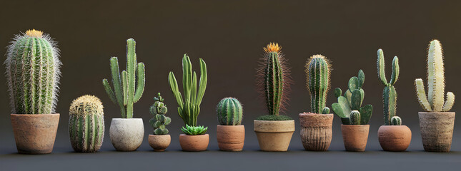 Collection of various cacti in terracotta pots, showcasing natural texture and earthy tones  -