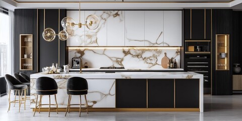 A contemporary, chic kitchen featuring stylish black and white cabinets, golden fixtures, created by ai