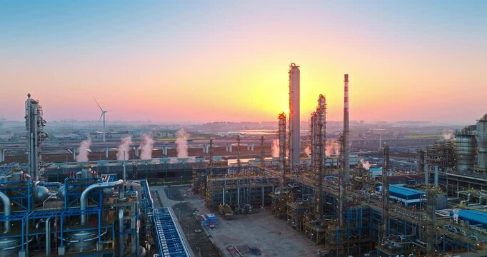Petrochemical plant industrial buildings and complex piping equipment in industrial area at sunset