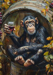 A chimpanzee sits in a wine barrel, holding a glass of red wine, surrounded by grapes and vines