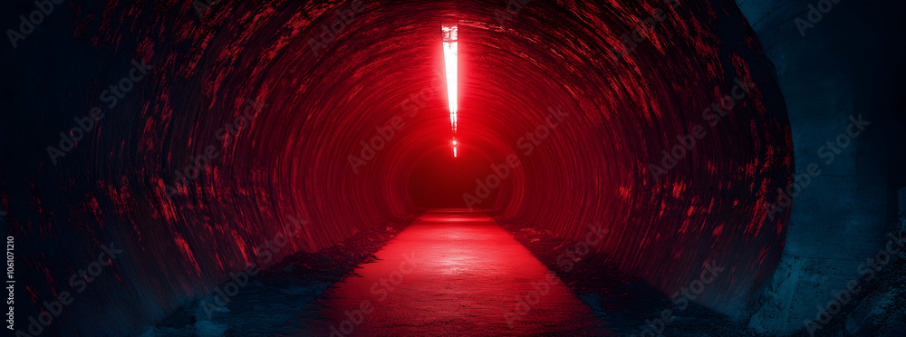 Poster dark tunnel illuminated by glowing red light, creating a mysterious and intense atmosphere -