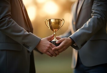 The best team helped each other reach their goals target to success. The hand of a business man and business women pick up the trophy and celebrate together. Teamwork of successful concept