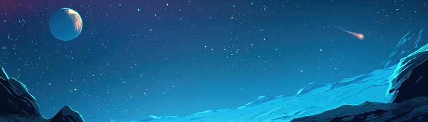 Stunning Cosmic Landscape with Distant Planet and Shooting Star