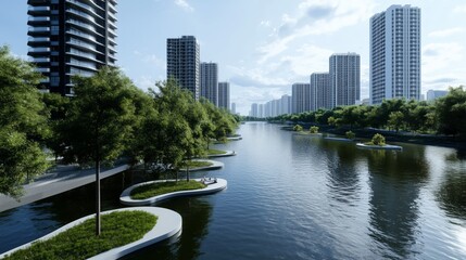 Fototapeta premium Lush green parks floating above futuristic city skyline, urban nature fusion. AI generated