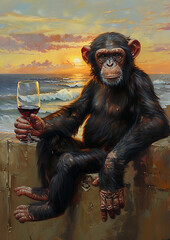 A chimpanzee sits on a wall at sunset, holding a glass of red wine, with a beach and waves in the background, feeling relaxed and content