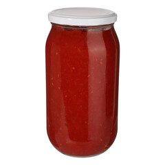 Jars of canned tomatoes for winter, isolated white background.