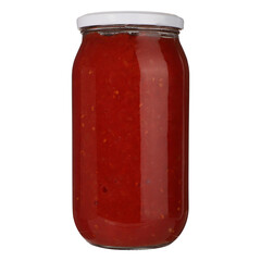 Jars of canned tomatoes for winter, isolated white background.