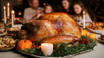 Festive Dinner Table with Roast Turkey and Decorations