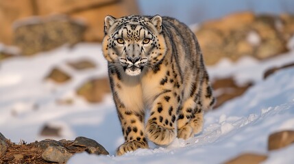 Obraz premium Majestic Snow Leopard Walking in Mountain Landscape