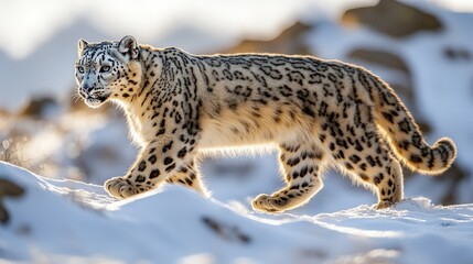 Obraz premium Majestic Snow Leopard Walking Through Snowy Mountains