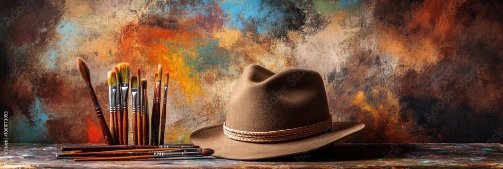 Poster an artist's hat lies next to an assortment of brushes and paint tubes on a rustic easel, surrounded 