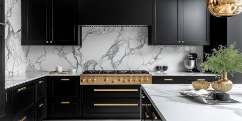 A contemporary, chic kitchen featuring stylish black and white cabinets, golden fixtures, created by ai