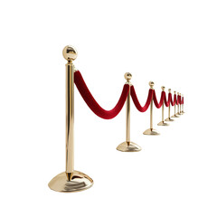 Golden stanchions with red velvet ropes barrier queue control poles perspective view isolated on white background VIP private access entrance security concept event organization exclusive party