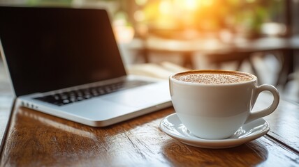 Coffee Cup with Laptop on Clean Office Desk for Business Concept.