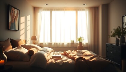 Obraz premium A serene and intimate bedroom scene with soft, warm lighting, plush furnishings, and a large window letting in a gentle stream of natural sunlight, casting a peaceful ambiance.