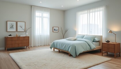 Fototapeta premium A serene and peaceful bedroom with a plush, cream-colored area rug, a large, floor-to-ceiling window with sheer white curtains, and a comfortable, oversized bed dressed in soft, sky-blue linens. 
