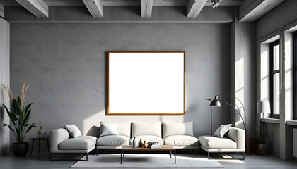 Modern dark loft living room interior with blank poster frame mockup on grey wall isolated with white highlights, png