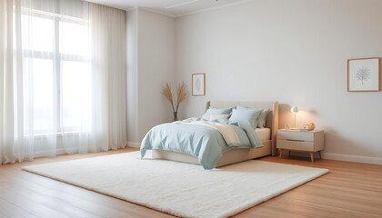 A serene and peaceful bedroom with a plush, cream-colored area rug, a large, floor-to-ceiling window with sheer white curtains, and a comfortable, oversized bed dressed in soft, sky-blue linens. 