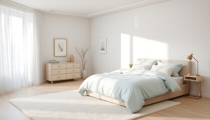 A serene and peaceful bedroom with a plush, cream-colored area rug, a large, floor-to-ceiling window with sheer white curtains, and a comfortable, oversized bed dressed in soft, sky-blue linens. 