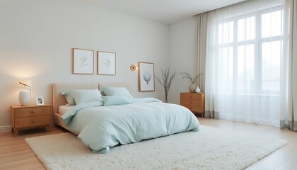 Fototapeta premium A serene and peaceful bedroom with a plush, cream-colored area rug, a large, floor-to-ceiling window with sheer white curtains, and a comfortable, oversized bed dressed in soft, sky-blue linens. 