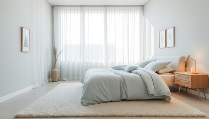 A serene and peaceful bedroom with a plush, cream-colored area rug, a large, floor-to-ceiling window with sheer white curtains, and a comfortable, oversized bed dressed in soft, sky-blue linens. 