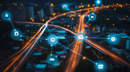 Smart digital city with connection cyber security network reciprocity over the cityscape . future smart wireless digital city and social media networking systems that connects people within the city