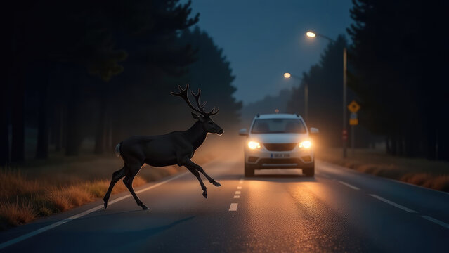 A deer runs across a road at night, as a car with its headlights on approaches. - Powered by Adobe