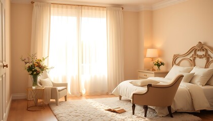 A serene and cozy bedroom with plush, cream-colored walls, adorned with a delicate, antique wooden bed frame and soft, white bedding.