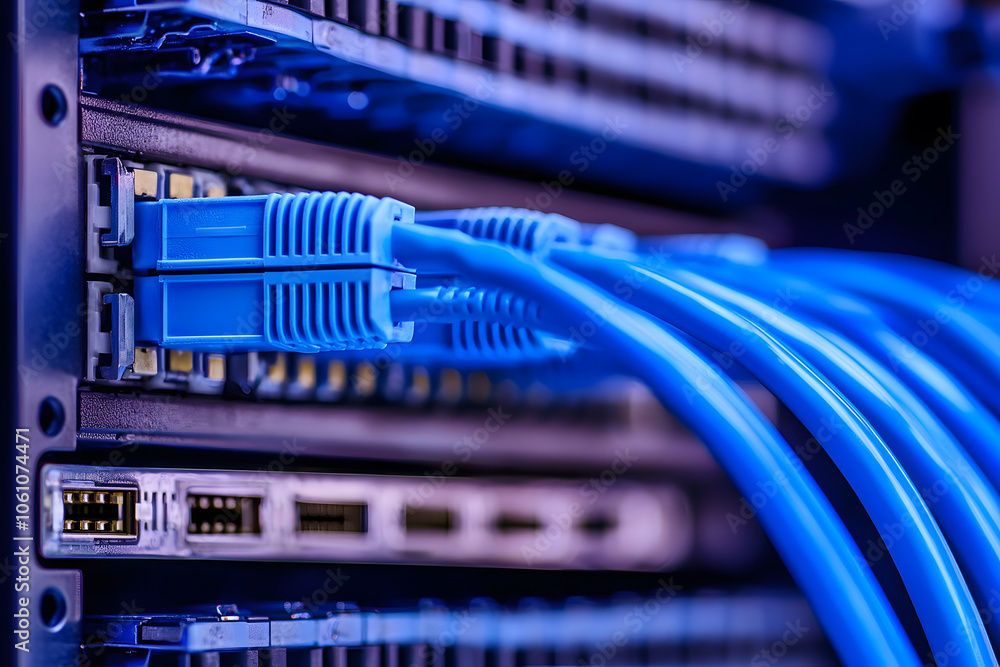 Poster network switch or router with cables | data center equipment, internet connectivity, it infrastructu