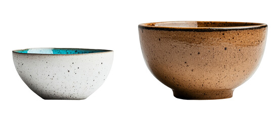 empty ceramic bowls isolated on white background ceramic tableware handmade crockery kitchen minimalist style speckled brown and beige white and blue modern design breakfast lunch dinner serving