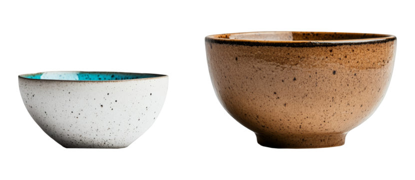 empty ceramic bowls isolated on white background ceramic tableware handmade crockery kitchen minimalist style speckled brown and beige white and blue modern design breakfast lunch dinner serving