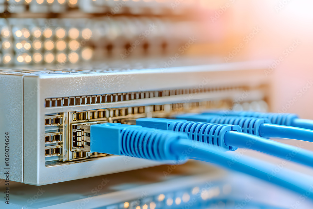Poster network switch or router with cables | data center equipment, internet connectivity, it infrastructu
