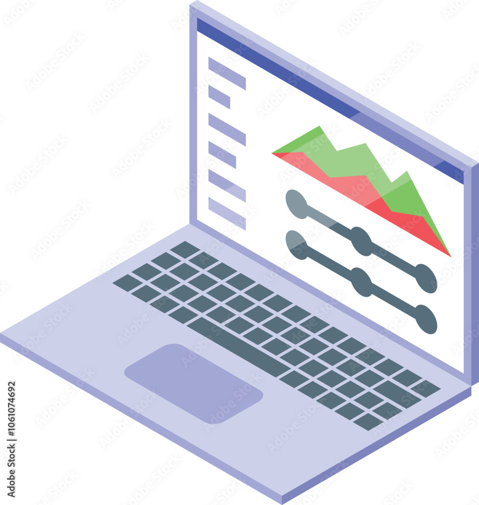 Poster laptop displaying statistical charts and controls, representing data analysis and business intellige