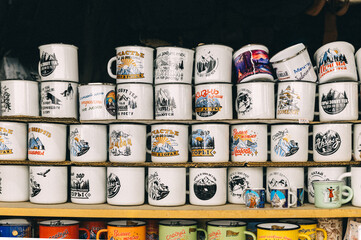 mugs and souvenirs. market in the village of Dombay, Karachay-Cherkessia, Russia.